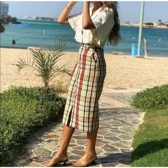 Zara EUC Structure Midi Tweed Checked Skirt Pencil Size S Pink Green - Picture 5 of 14